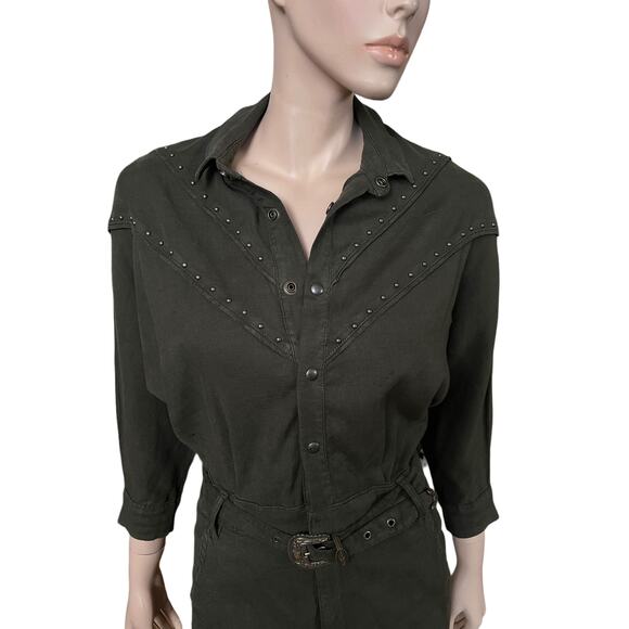 The Kooples Studded Kaki Linen Belted Jumpsuit Size 1 French Brand True To Size - Picture 11 of 15